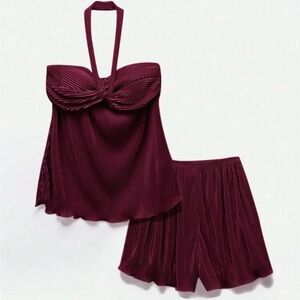 Women's Burgundy Halter Top and Skirt Set